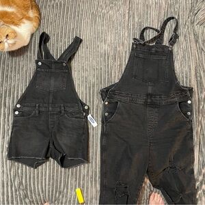 the left: a child’s large (10-12). the right: adult women’s overalls size 10.